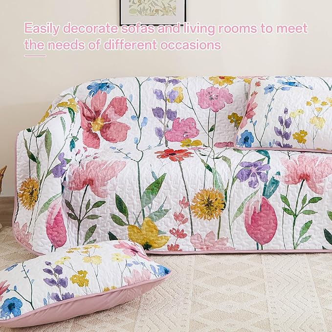 Anibedding King Quilt Set, Pink Floral Bedspread Soft Microfiber Lightweight King Size Quilt Bedding Sets Reversible Flower Coverlet for All Season(King, 104"x90")