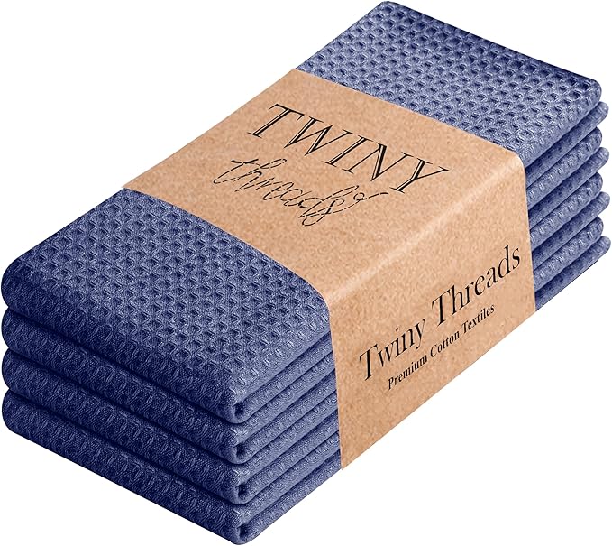 TWINY threads Kitchen Dish Towels Set of 4, 100% Cotton Waffle Weave, Absorbent Dishcloth & Tea Towel with Hanging Loop, Reusable for Table Cleaning, Quick Drying - 16x26 Inches - Indigo Blue