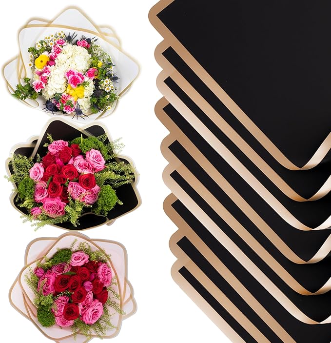 the florist Supply 20 Sheets Premium Flower Wrapping Paper | Waterproof Flower Wrapping Paper for Bouquets | Double Sided Floral Bouquet Sheets | DIY Gifts Rocio Black/Gold