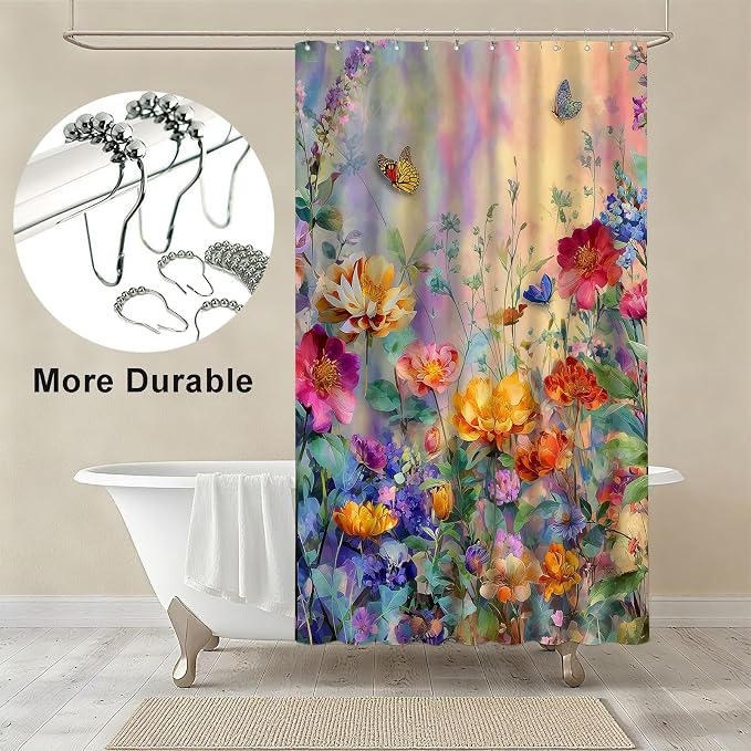 Wildflower Shower Curtain Colorful Flower Butterfly Shower Curtains for Bathroom Waterproof Fabric Bath Curtain Decor with Hooks