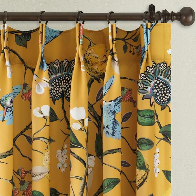Mustard Yellow Vintage Floral Curtains 84 Inches Long for Living Room Bedroom Luxury Whimsical Lemon Hummingbird Patterned Waverly Mid Century Colorful Pinch Pleated Blackout Drapes 2 Panels