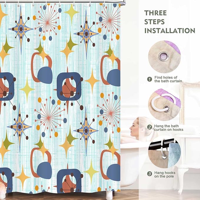 Mid Century Shower Curtain, 72x72inch, Modern Abstract Retro Blue Striped Geometric Shower Curtain Sets 1950s Boho Bathroom Shower Curtain with 12 Hooks