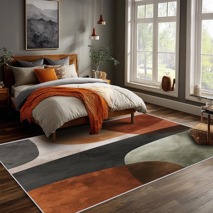 Mid Century Modern Rugs 4x5, Abstract Retro Art Washable 4 x 5 Area Rug for Living Room, Bedroom, Low Pile Non Slip Stain Resistant Carpet, Mid Century Home Decor Accessories & M929