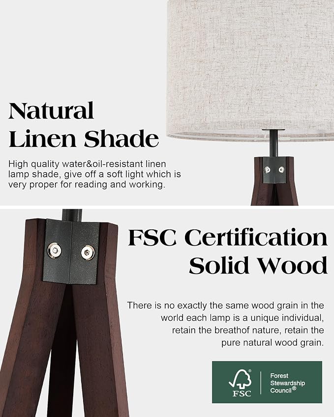 ELYONA Wood Tripod Floor Lamp with 3 Color Temperatures Bulb, Mid Century Modern Reading Standing Light, Farmhouse Floor Light Linen Shade for Living Room Bedroom Office, Walnut, 9W LED Bulb Include
