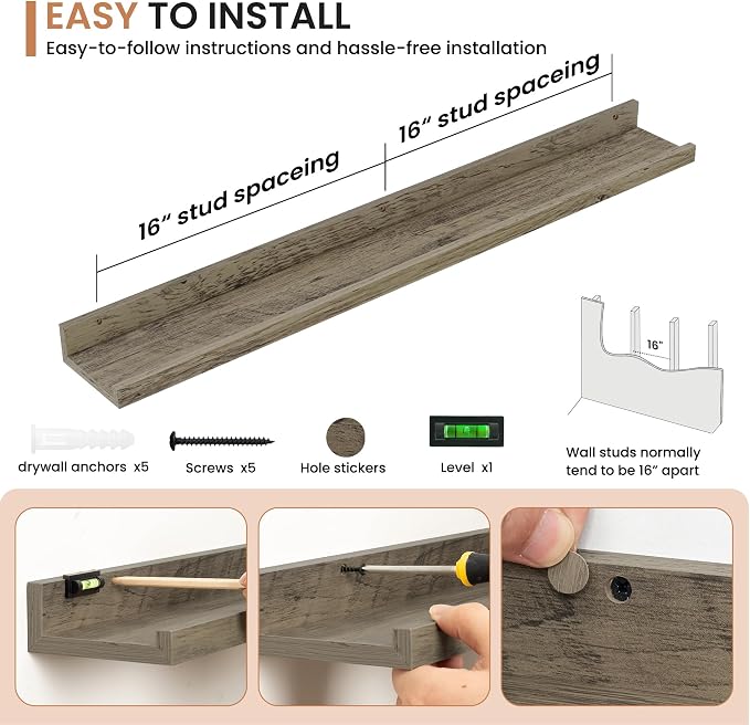 Dreamland Picture Ledge Shelf for Wall, Floating Shelves Set of 2,36 inch Long Floating Shelves with Lip for Living Room,Bedroom,Bathroom,Kitchen,Grey