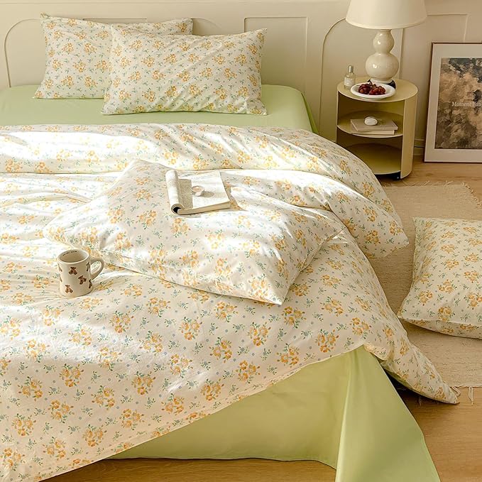 EAVD Yellow Floral Duvet Cover King Size Soft 100% Cotton Soft Botanical Floral Cottagecore Bedding Set with 2 Pillowcases Aesthetic Floral Comforter Set with Zipper Closure