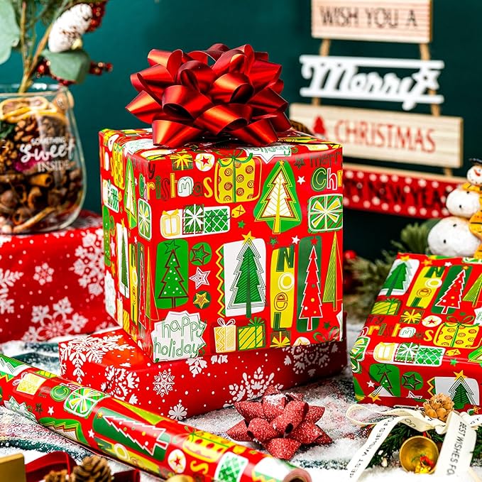 MAYPLUSS Christmas Wrapping Paper Roll, Red and Green Christmas Tree Wrapping Paper, Reversible Modern Holiday Gift Wrap with Trees Presents Snowflakes for Festive Gift Packaging (17 Inch X 33 Feet)