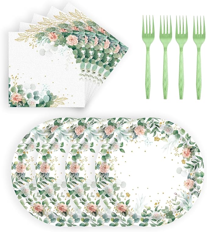 72 Pcs Floral Paper Plates and Napkins Party Supplies, Sage Green Disposable Tableware Set for Spring Summer Picnic Wedding Birthday Baby Shower Tea Party Decorations, Serves 24