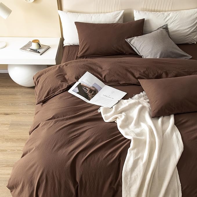 JIYUAN 100% Washed Cotton Duvet Cover Set 3 Pieces Queen, 1 Duvet Cover 90x90 Inches(Comforter Not Included) and 2 Pillowcases,Linen Feel Bedding Set Comfy and Breathable,Chocolate Brown