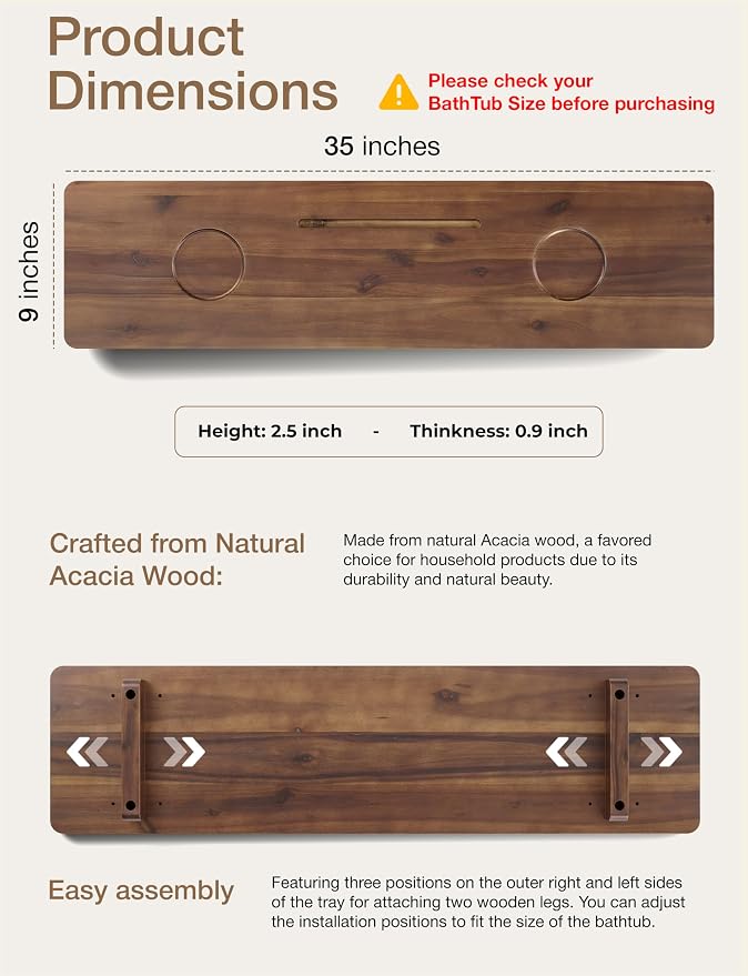 Tinamo 35”L Wooden Bathtub Tray, Bathtub Caddy Tray For Tub with Tablet Slot & Wine Holder - Acacia Bath Tray For Tub, Bath Table - Bathtub Tray Table with Adjustable Legs (Walnut color, 35"x 9"x2.5")