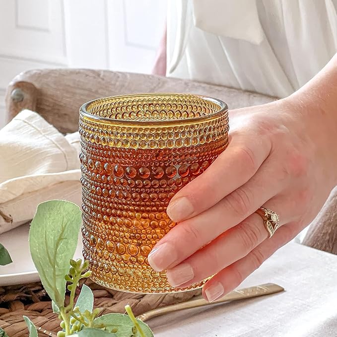 Kate Aspen Beaded Amber Drinking Glasses Set of 6-10 oz Vintage Glassware Set Jupiter Glasses, Cocktail Glass Set, Juice Glass, Water Cups Hostess Gift, Present, Gift for Newlyweds