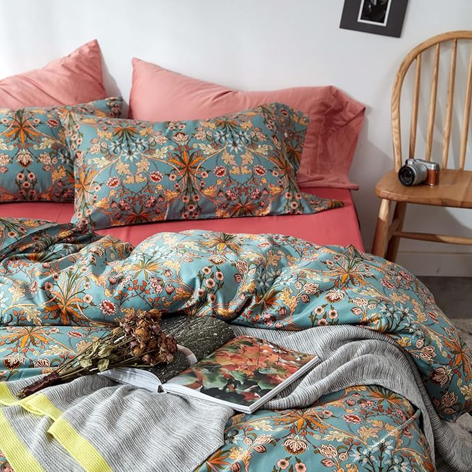 mixinni Vintage Style Garden Flower Queen Duvet Cover with Zipper Closure Soft Long Staple Percale Cotton Vibrant Pattern on Flower Bedding Quilt Cover Set(Queen, All Season)