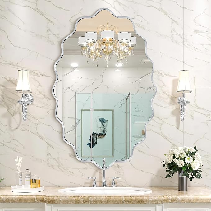 Oval Wavy Wall Mirror -Irregular Wall Mirror with Silver Asymmetrical Aluminum Alloy Frame,22"x30" Decorative Wall Mirrors for Bathroom, Bedroom, Living Room, Dining Room，Entryway