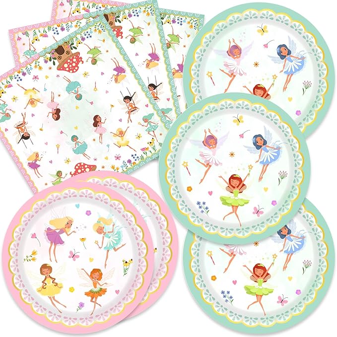 40Pcs Fairy Birthday Party Decorations Pink Flower Baby Shower Paper Plates and Napkins Party Supplies Fairy First Birthday Decorations