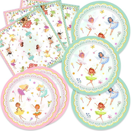 40Pcs Fairy Birthday Party Decorations Pink Flower Baby Shower Paper Plates and Napkins Party Supplies Fairy First Birthday Decorations
