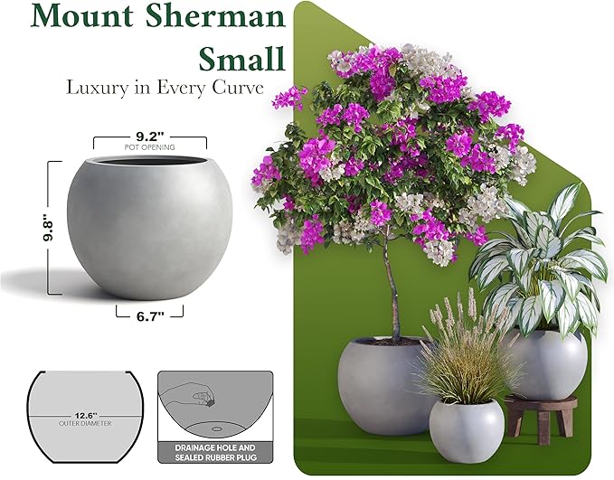DTY Signature Mount Sherman Modern Indoor Outdoor Fiberstone Sphere Planter, Durable Round Garden Pot, Weather Resistant, Drainage Hole & Rubber Plug, Planter for Christmas Tree - Small, Gray