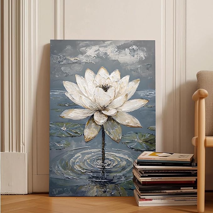 Stunning white lotus emerges from prismatic water with delicate petals background Serene aquatic wall art suitable for modern minimalist decor 28x40in Wood Framed