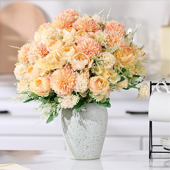12 Bundles Peonies Artificial Flowers Silk Flowers Fake Peony Bouquet Faux Peonies Flowers Bulk for Wedding Decor Centerpiece Table Decorations (Orange)