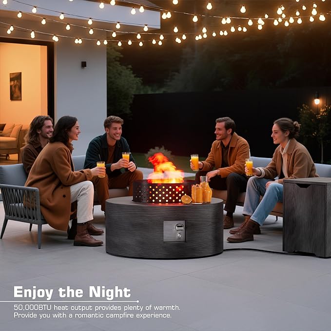 2-Piece 30" Round Propane Fire Pit for Outside Patio with Hidden Tank Table, 50,000 BTU Fireplaces with Wind Guard, Lid, Glass Rocks, Cover(Wood Grain Ebony)