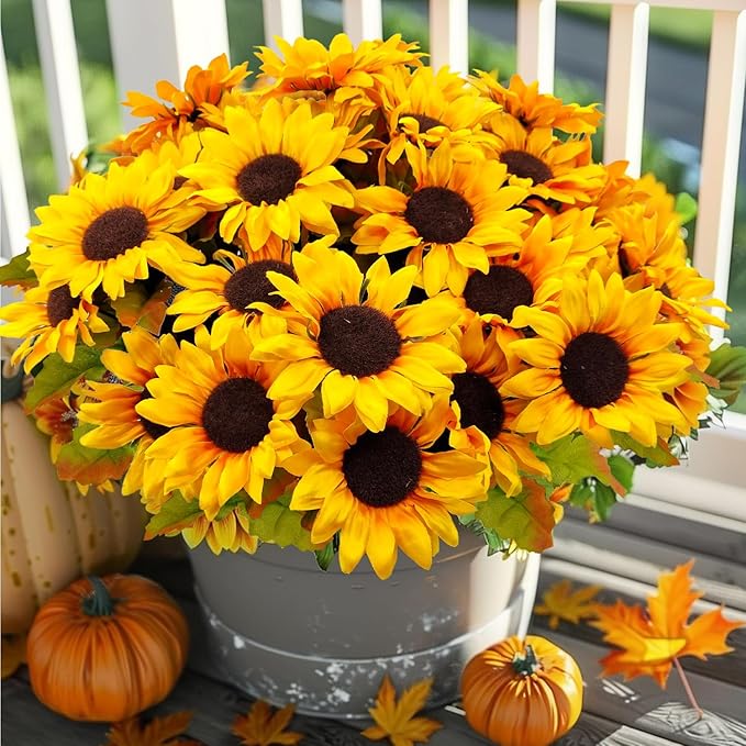 Sunflowers Artificial Flowers, 4 Bundles Fake Fall Flower UV Resistant Silk Sunflower for Vase Autumn Wedding Table Home Porch Patio Garden Indoor Outdoor Decor