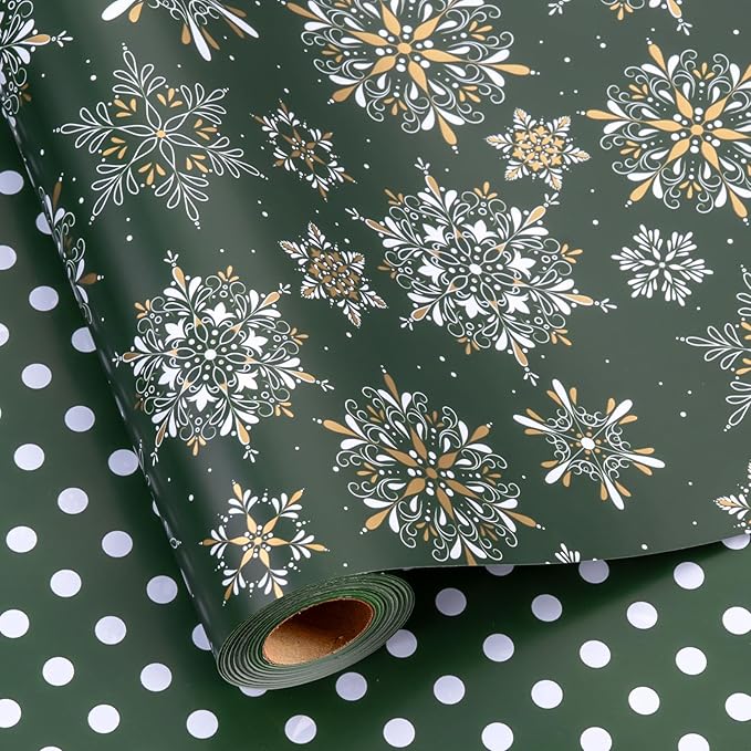 MAYPLUSS Christmas Wrapping Paper Roll - 17IN X 33FT - Green Gift Wrapping Paper Featuring Snowflake Against Dark Green Reversible Polka Dot for Kids, Holiday, New Year