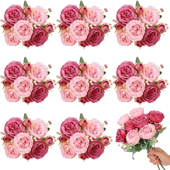8 Pack Pink, Dark Pink Peonies Artificial Flowers, Fake Silk Hydrangea Bouquet for Bridal Wedding Home Table Decor Reusable Dining Opening Ceremony Birthday Arrangement Faux Floral