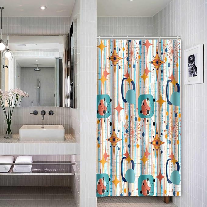 Mid Century Shower Curtain, 48x72inch, Modern Abstract Retro Colorful Striped Geometric Shower Curtain Sets 1950s Boho Bathroom Shower Curtain with 8 Hooks