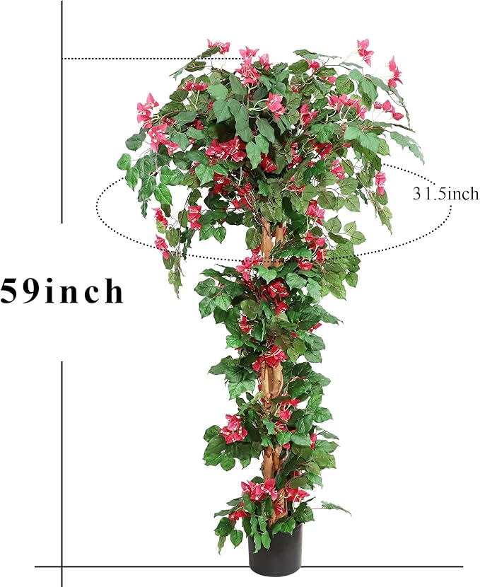 Damomo 5FT Bougainvillea Artificial Tree with Flowers, Fake Bougainvillea Tall Trees, Faux Blooming Tree in Plastic Pot for Indoor Front Porch Decor or Outdoor Home Office, 1 PCS(59 inch)