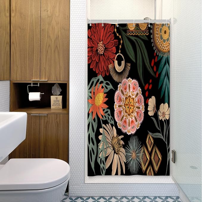 Black Boho Floral Shower Curtain Abstract Botanical Mid Century Modern Bathroom Decor Tropical Flower Shower Curtain with 10 Hooks,54x78 inches