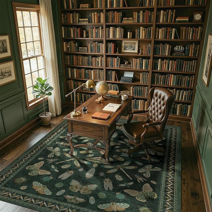 DCX 5x7 Washable Insect Rug, Vintage Gothic Dark Green Rug with Non-Slip Rubber Backing, Soft Low-Pile, Stain-Resistant, Kid & Pet Friendly, for Living Room, Bedroom, Office, and Nature-Themed Decor