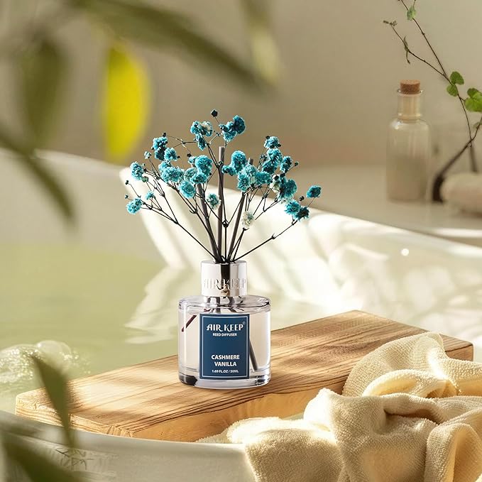 Airkeep Reed Diffuser Set,1.69 fl oz (50 ml) - Cashmere Vanilla Oil Diffusers with 8 Reed Sticks,Home Fragrance Reed Diffuser for Bathroom Shelf Decor