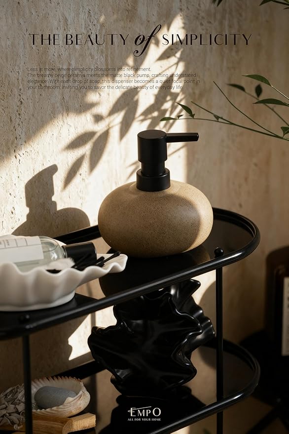 EMPO Ceramic Hand Soap Dispenser with Matte Black Pump, Stone-Textured Wabi-Sabi Liquid Dispenser for Bathroom Vanity and Kitchen Sink (300ml/10.14oz)