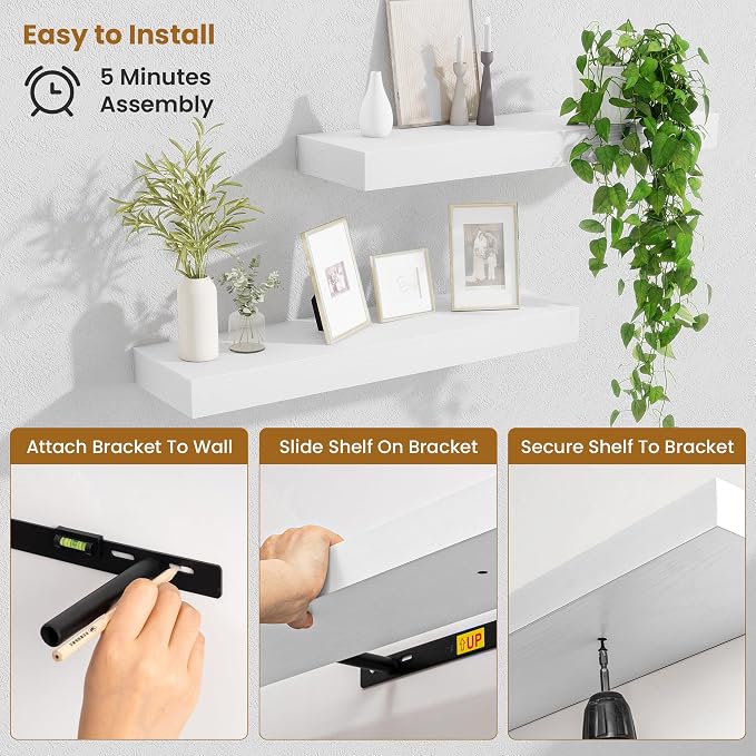 Fun Memories Floating Shelves Set of 2, 24 Inch Floating Shelves for Wall, Wood Wall Shelves with Invisible Brackets, for Bathroom, Bedroom, Living Room, Kitchen, White