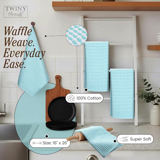 TWINY threads Circle Waffle Dish Towels 4 Pack, 16x26 Inches, 100% Cotton, Soft, Absorbent, Quick Dry, Everyday Wash Rags, Suitable for Glass Cleaning, Drying Dishes, Kitchen Essentials, Water Blue