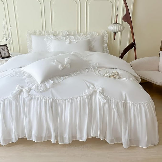 Ruffled Bedding Bow Duvet Cover Set with Butterfly Tie, Soft Brushed Microfiber Shabby Chic Bedding Set with Zipper Closure-White,Queen