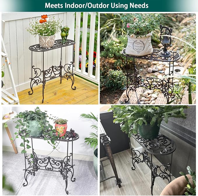Sungmor Heavy Duty Cast Iron Potted Plant Stand Garden Table - 22.6IN. 1 Tier Metal Stands - Decorative & Vintage Style Indoor Outdoor Corner Shelf for Planters Vases Lanterns Ornaments Books and More