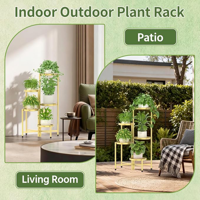 LASZOLA 5 Tier Large Plant Stand Indoor Tall with 10 Inch Metal Tray, Corner Folding Flower Display Rack, Modern Plant Holder Shelf for Outdoor Patio Porch Garden Office Living Room, Gold