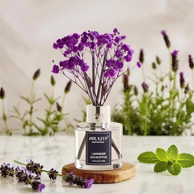 Airkeep Reed Diffuser Set,1.69 fl oz (50 ml) - Lavender Eucalyptus Oil Diffusers with 8 Reed Sticks,Home Fragrance Reed Diffuser for Bathroom Shelf Decor