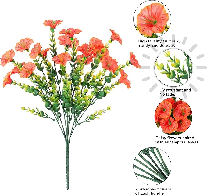Artificial Flowers Fake Plants for Outdoors Spring Summer Decor, 12 Bundles Orange Silk Morning Glory with Eucalyptus Look Real UV Resistant Faux Flowers for Outside Planters Front Door Yard Indoor