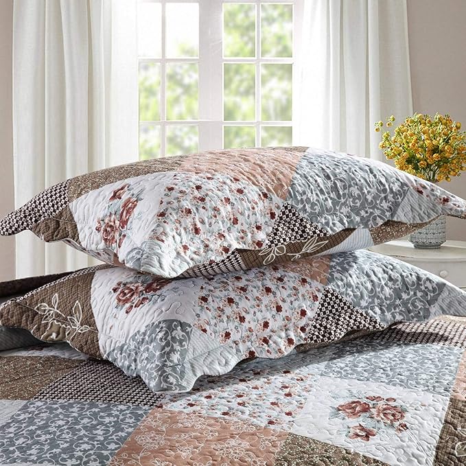 HoneiLife Quilt Set Twin Size - 2 Piece Microfiber Quilts Reversible Bedspreads Patchwork Coverlets Floral Bedding Set All Season Quilts- Splicing Mocha Rose