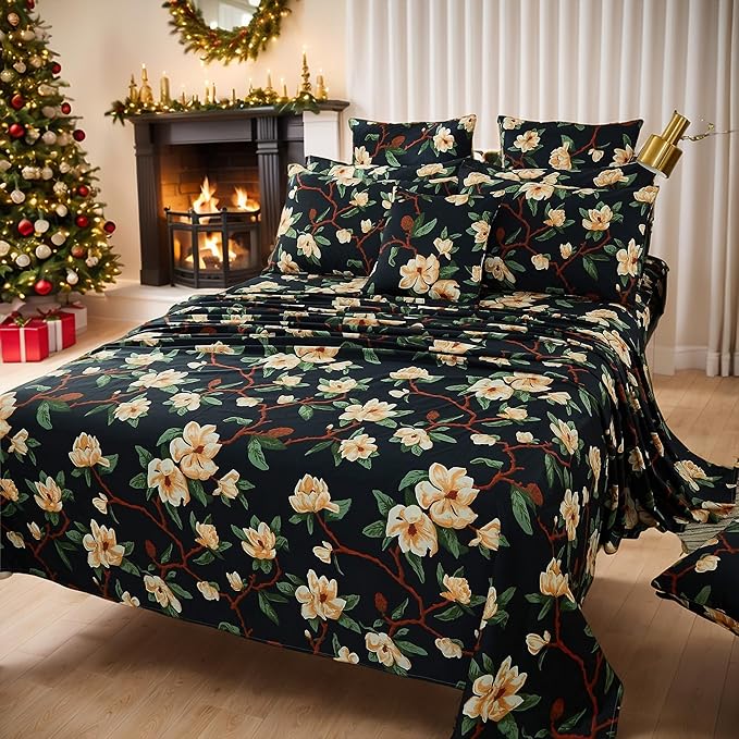 FADFAY Sheets Set Twin Shabby Black and Yellow Floral Bedding Elegant Peony Sheets Set Vintage Farmhouse Bedding Soft 100% Egyptian Cotton 800 Thread Count Deep Pocket Fitted Sheet, 4Pcs-Twin Size