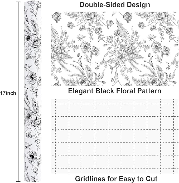 Yarcony Black and White Wrapping Paper, Floral Gift Wrapping Paper Roll, Elegant Black Lined Flowers Gift Wrap for Birthday,Wedding, Baby Shower,Christmas,Bridal Shower,Mother's Day (17 In X 16.5 Ft)