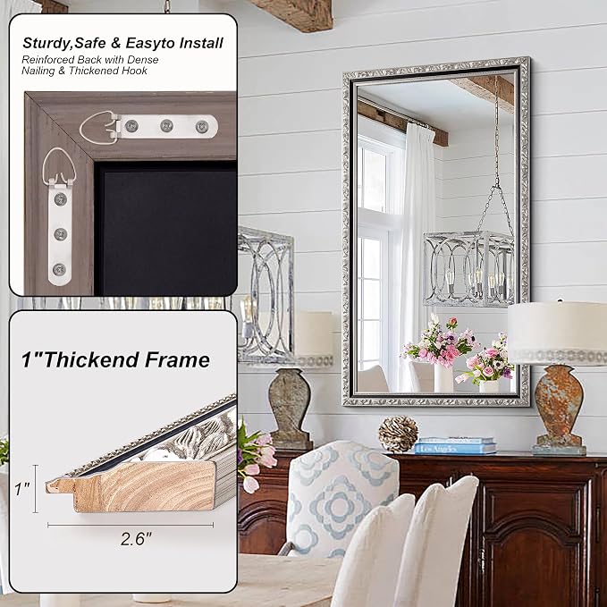 Large Antique Mirror, 46'' x 22'' Black Silver Wall Mirror for Living Room, Rectangular Retro Vintage Silver Mirrors for Bathroom, Entryway, Dining Room, Fireplace