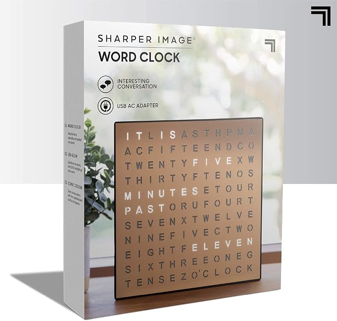 Sharper Image LED Word Digital Clock, 7.75", Copper Finish, Light-Up Desk & Wall Clock, Modern Time Display, Shelf or Wall Decor for Home Office, Living Room, Kitchen & Bedroom, Housewarming Gift