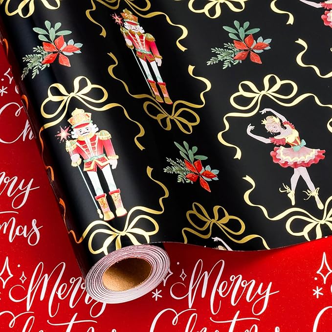 MAYPLUSS Christmas Nutcracker Wrapping Paper - 17 Inch X 33 Feet - Metallic Christmas Gift Wrapping Paper Flower Cute Bow Ballet Reversible Red for Holiday Party New Year Kids