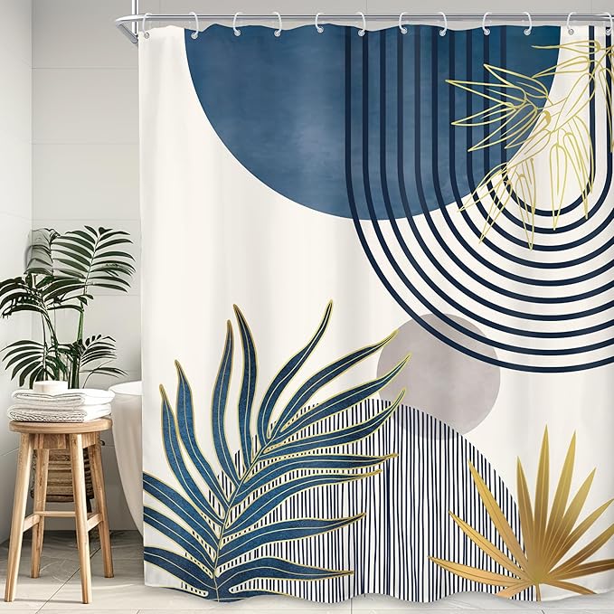 KOMLLEX Mid Century Boho Shower Curtain for Bathroom Decor 72Wx84H Inches Extra Long Navy Blue Gray Abstract Modern Sun Minimalist Leaves Neutral Fabric Waterproof Polyester 12 Pack Hooks Pack Hooks