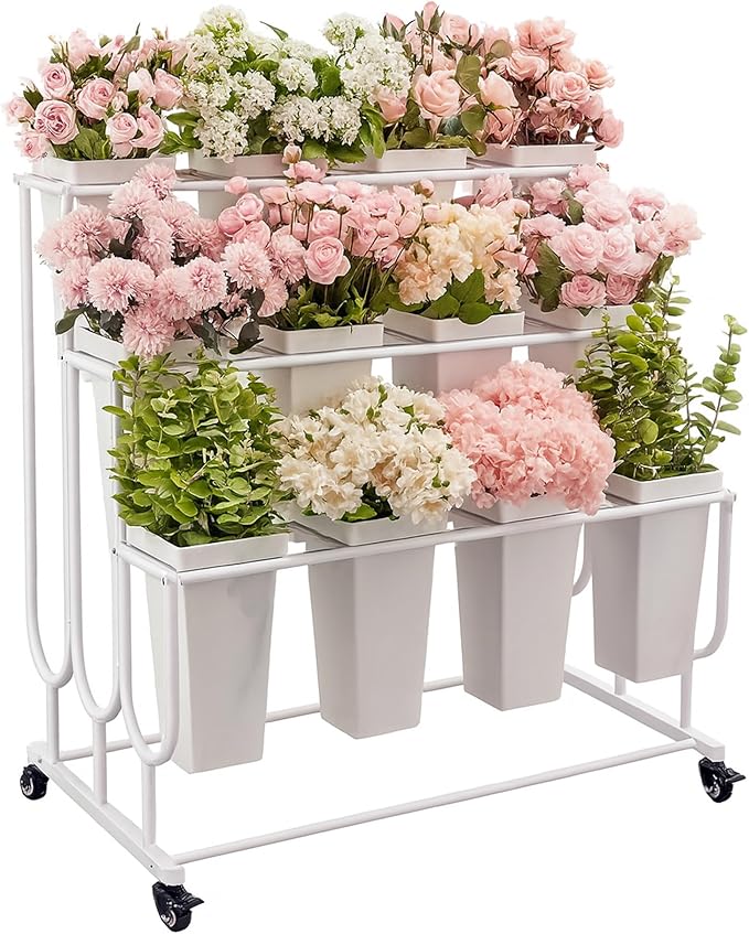 Flower Display Stand Frame, 3-Tier Flower Cart with Wheels, Metal Floral Display Rack , Moving Florist Bouquet Shelf for Shop ,Flower Bar, Events (White - 3 Tier)