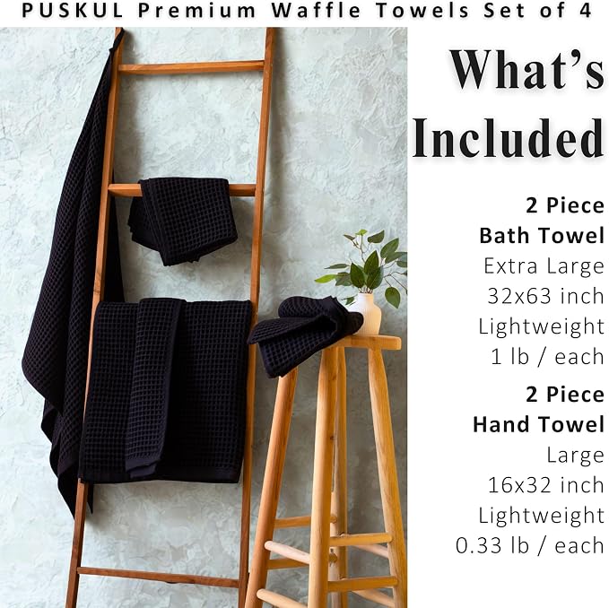 PÜSKÜL 4-Piece Natural 100% Turkish Cotton Luxury Waffle Towels for Bathroom | Premium Quality Honeycomb Weave 2 Hand Towel & 2 Bath Towel Set | Soft Absorbent Quick-Dry Lightweight Towels (Black)