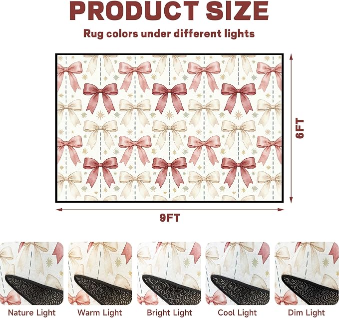 Pink Bowknot Area Rug 6'x9' Watercolor Coquette Aesthetic Non-Slip Washable Carpet for Bedroom Living Room Nursery Kitchen Playroom Home Decor Soft Low Pile Floor Mat