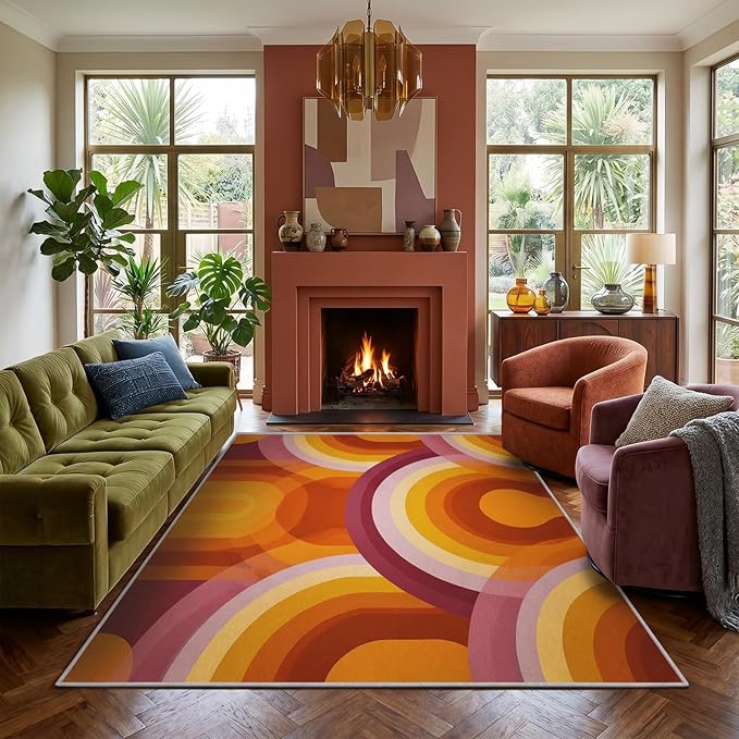 Retro Halo Area Rug 3x5, Mid Century Rainbow Arch Rug, Retro Abstract Carpet for Living Room Bedroom, Soft Non Slip Washable Rug